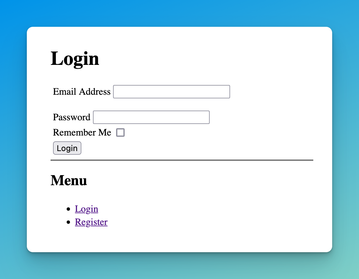 Screenshot showing a barebones unstyled login form with email address, password, and a "remember me" checkbox. There's also a menu with "login" and "register" links to go to those pages.