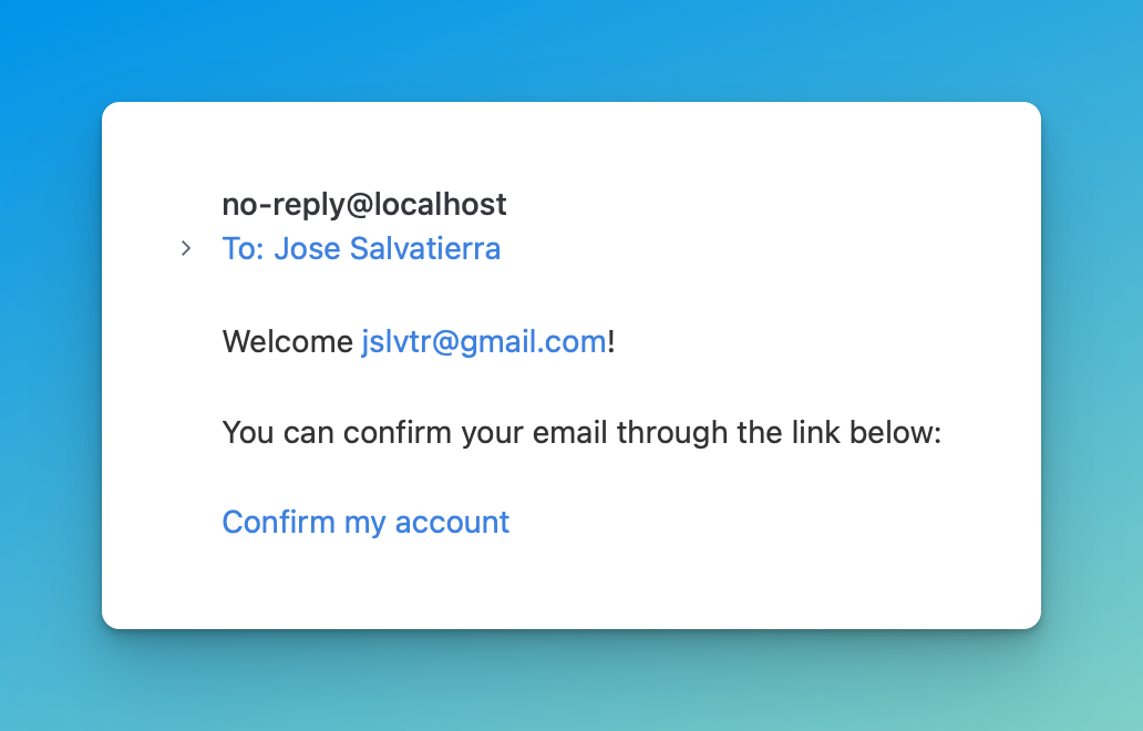Screenshot showing the confirmation email received, with a link to confirm your account.