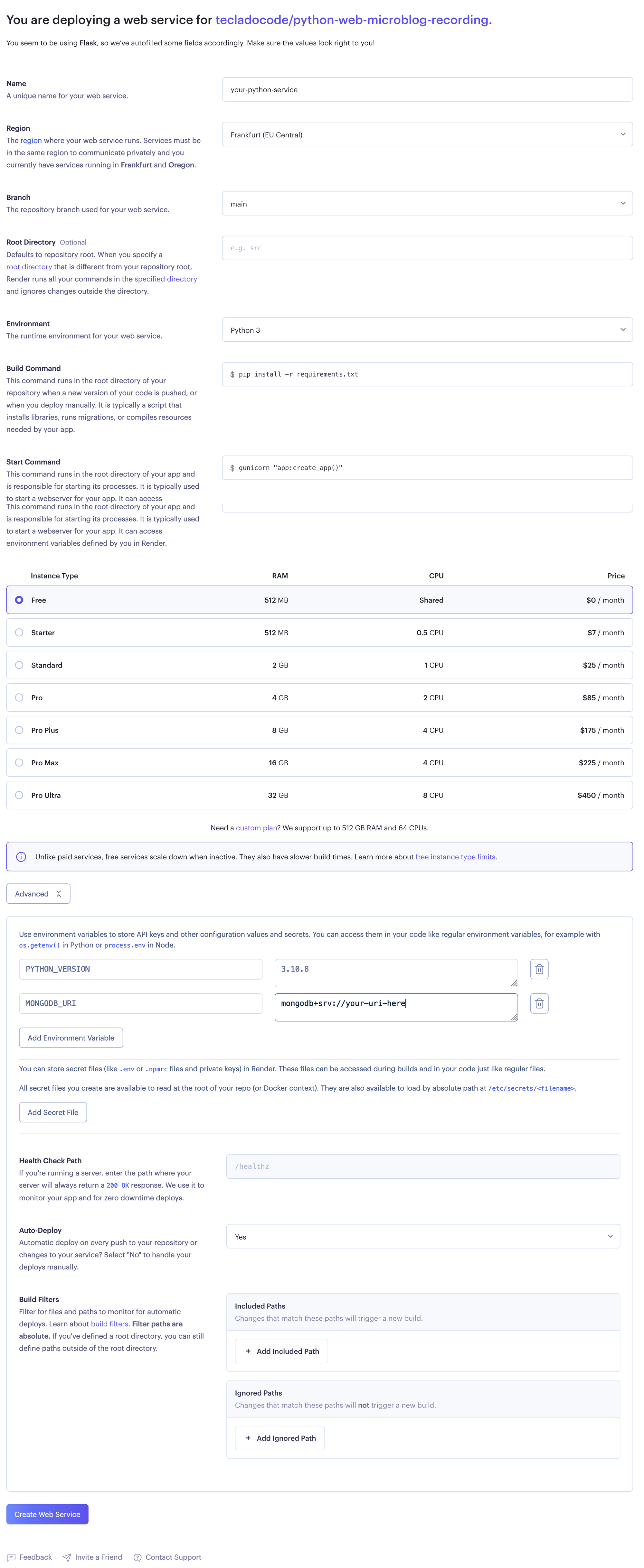 Screenshot showing the settings for deploying our app in Render, detailed in the next few paragraphs