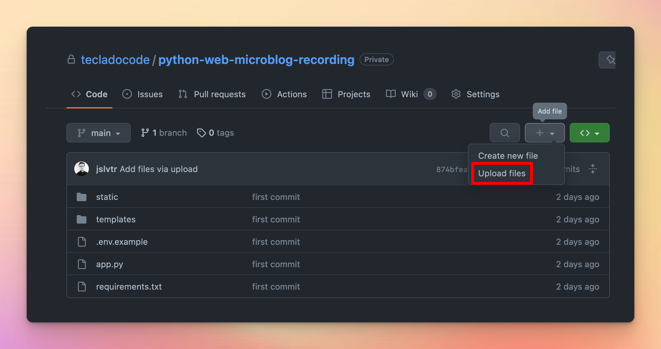 Screenshot showing the GitHub UI with a repository open, and a dropdown showing the text 'Upload files' when you click on the '+' icon