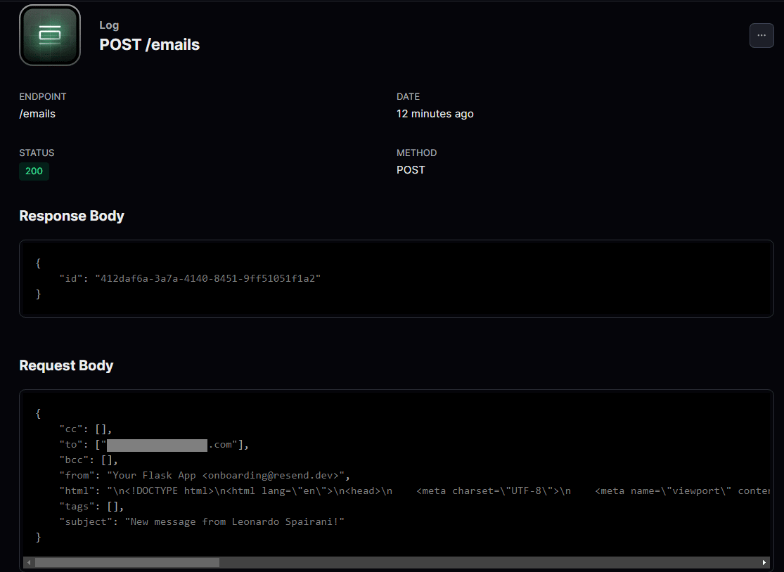 Example of request and response data from render menu