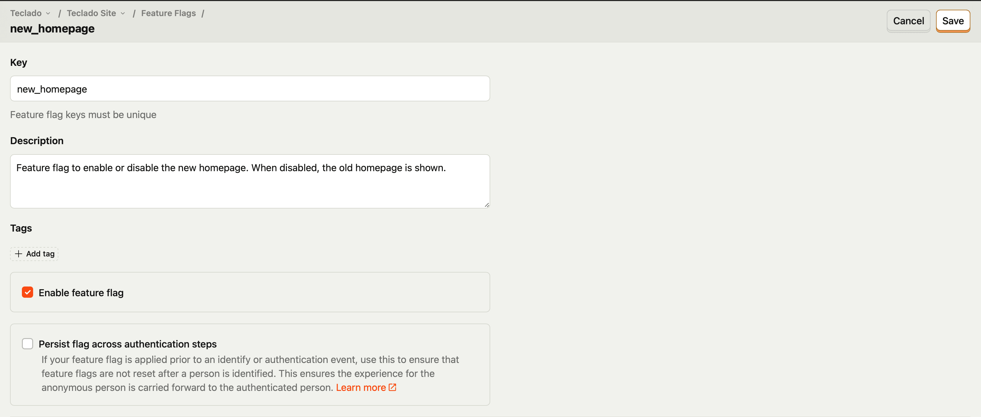 Screenshot showing the homepage_v2 feature flag title and description telling us that it is used to show the new homepage.