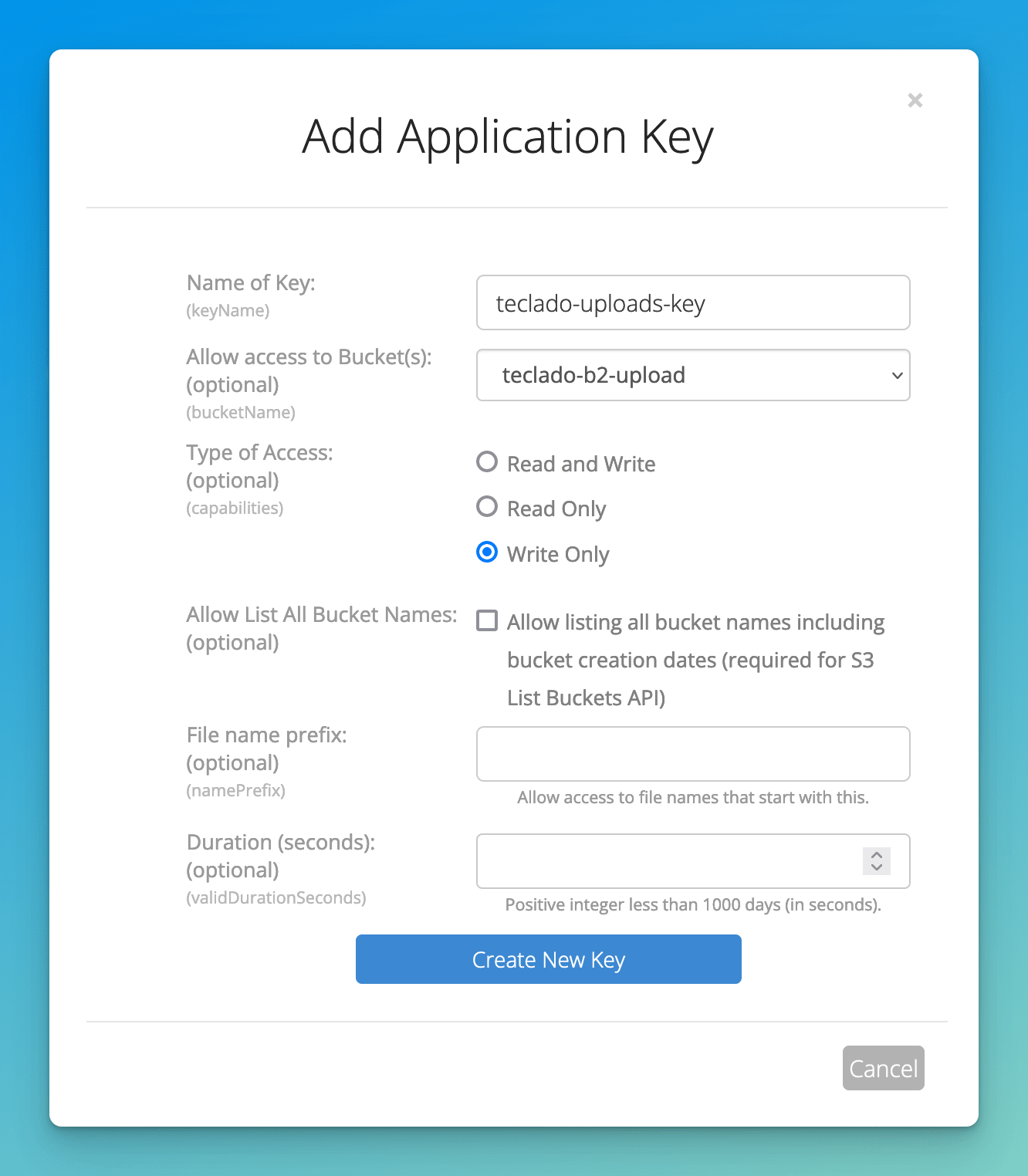 Creating an App Key with the name teclado-uploads-key, access to the teclado-b2-upload bucket, and write only selected