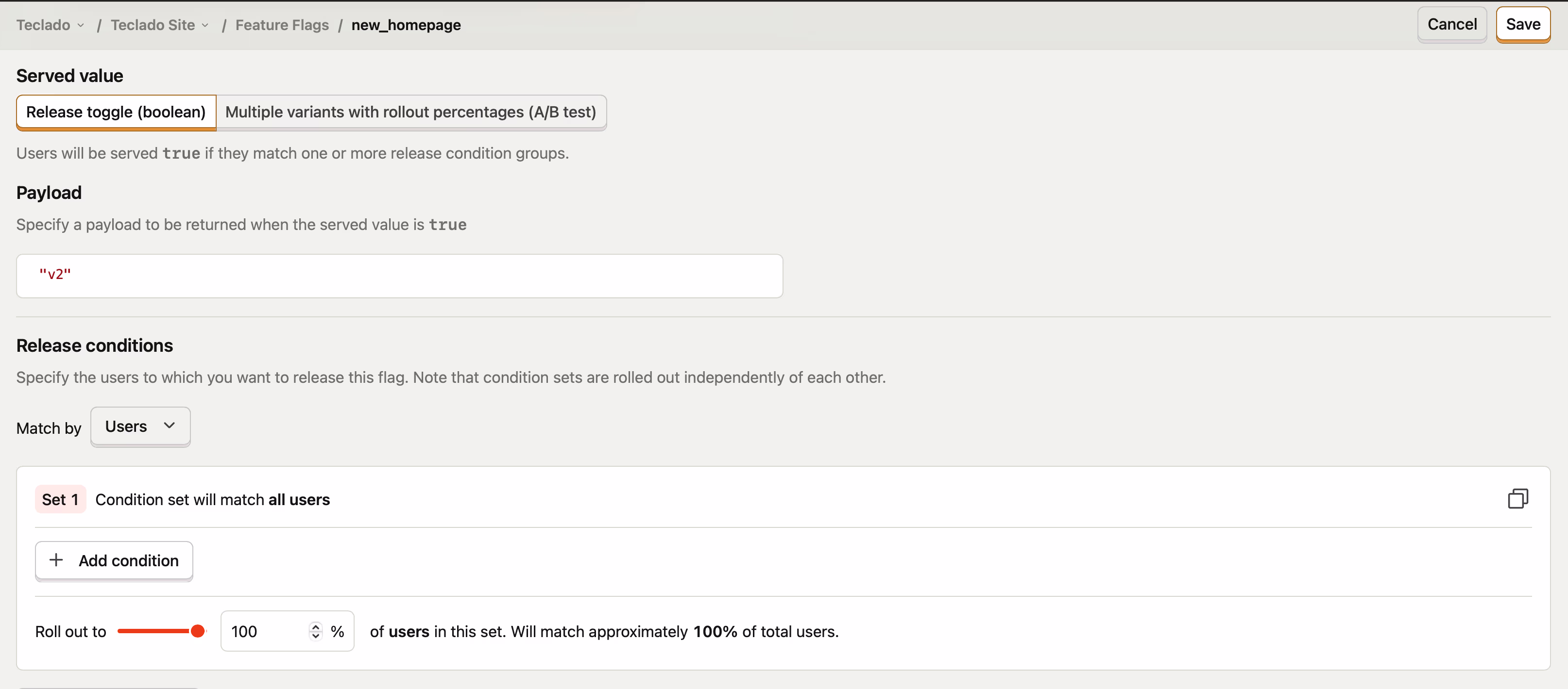 Screenshot showing the "v2" payload setting and 100% user rollout