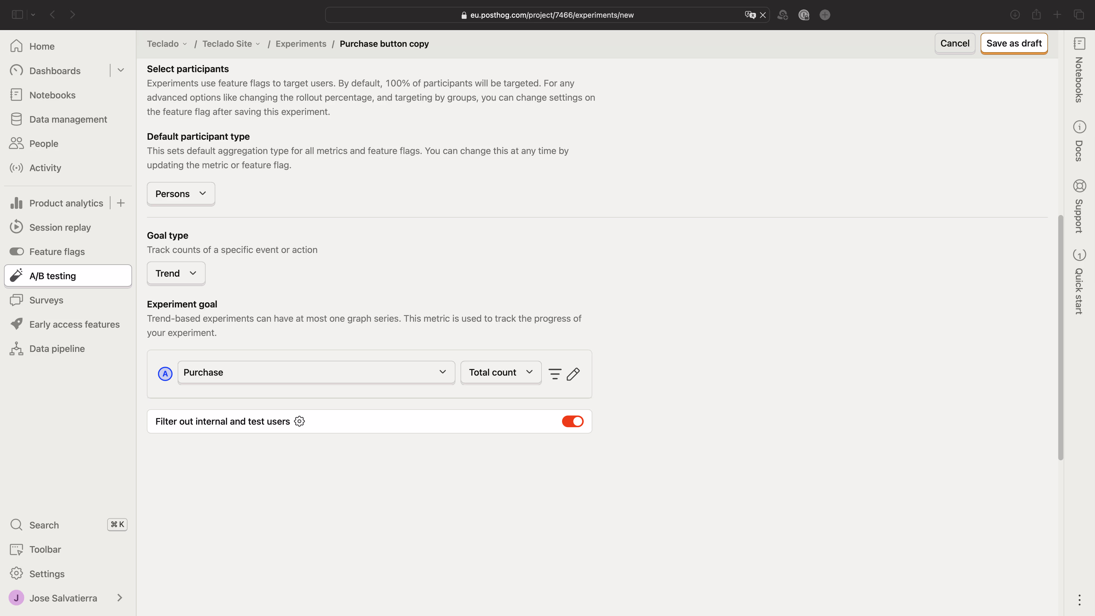 Screenshot showing the goal of the experiment, which means which metric to track