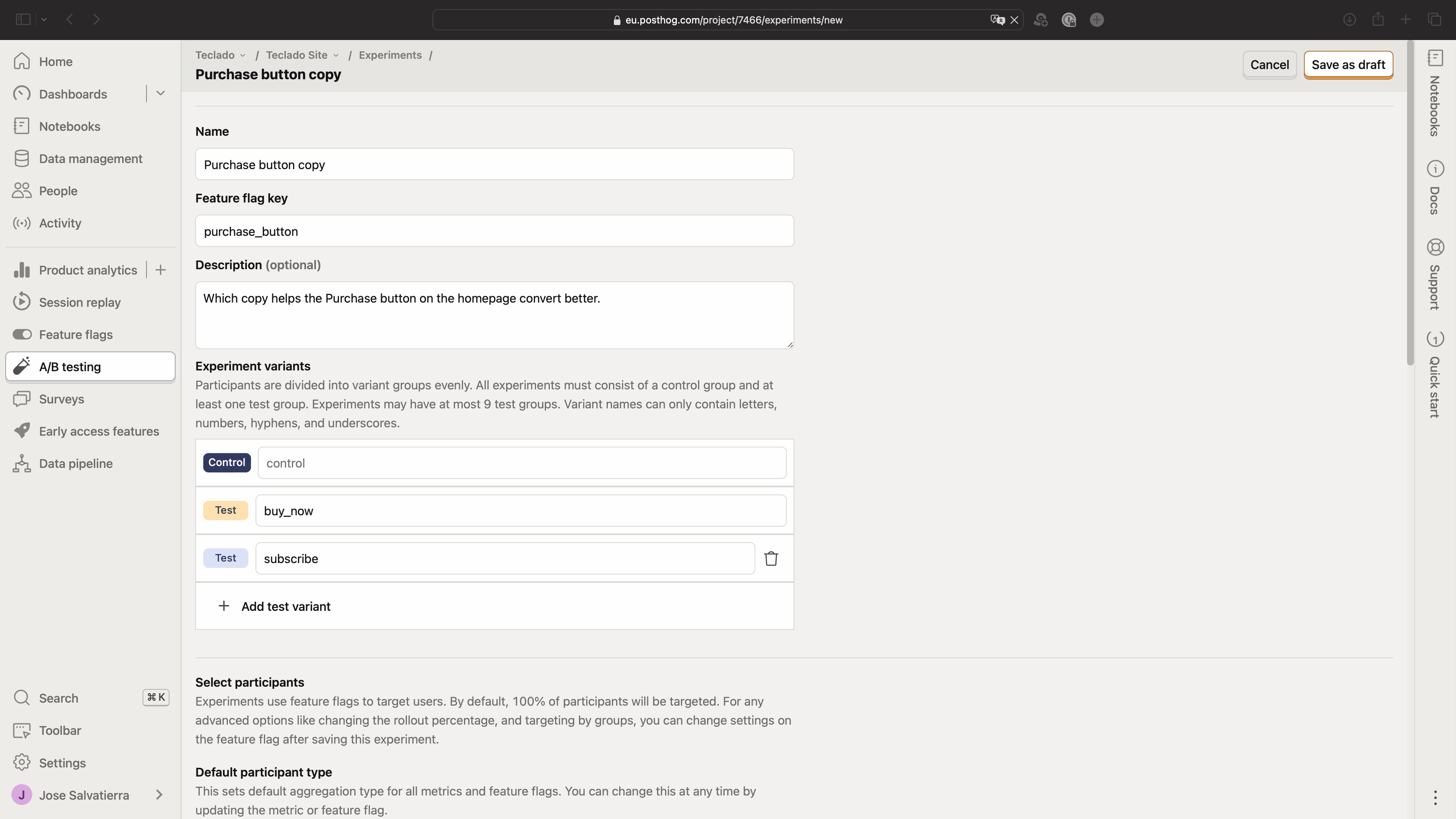 Screenshot showing the new experiement name, key, description, and variants